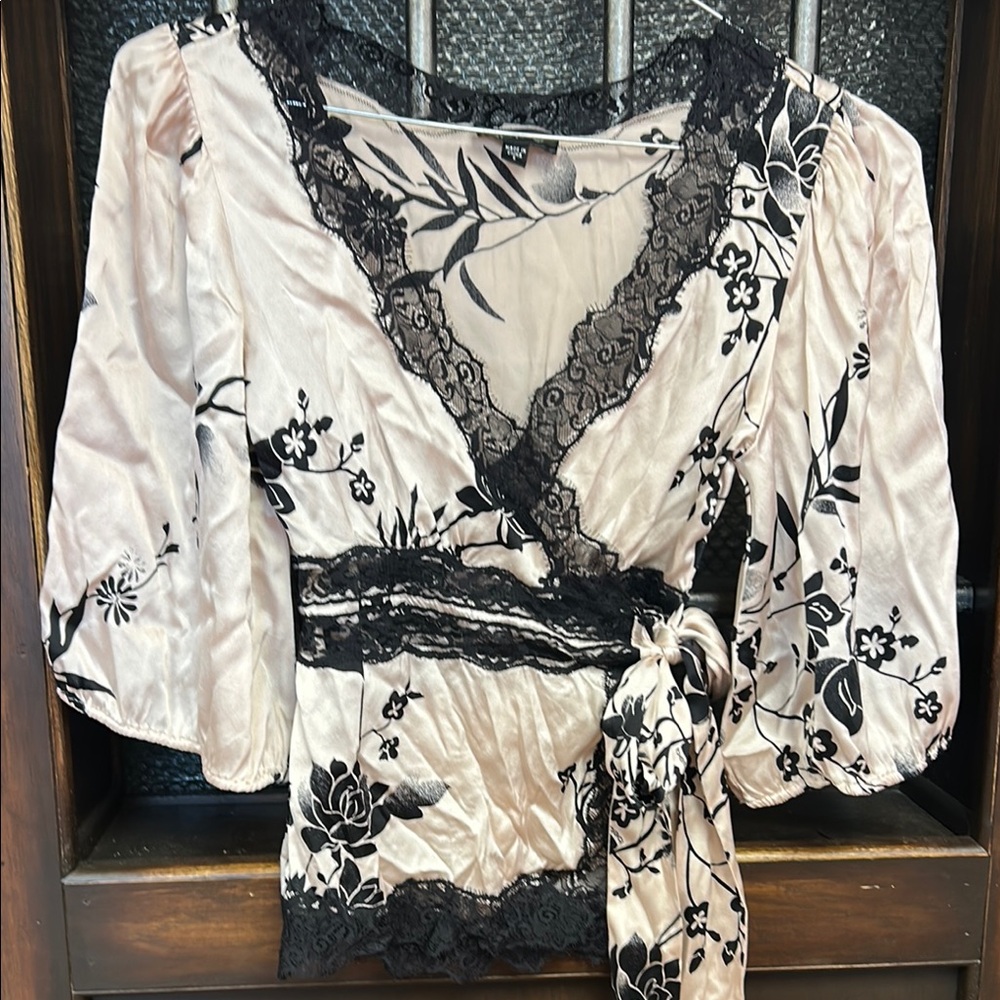 Light Pink Satin Floral Wrap Top with Black Lace Trim